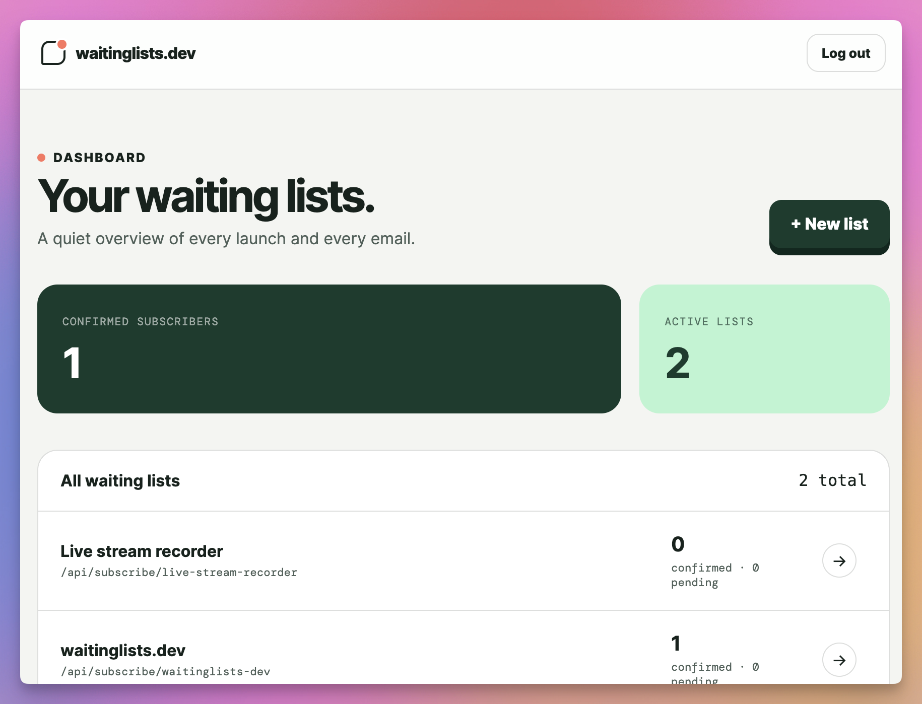 waitinglists.dev visual list overview with confirmed and pending subscriber counts